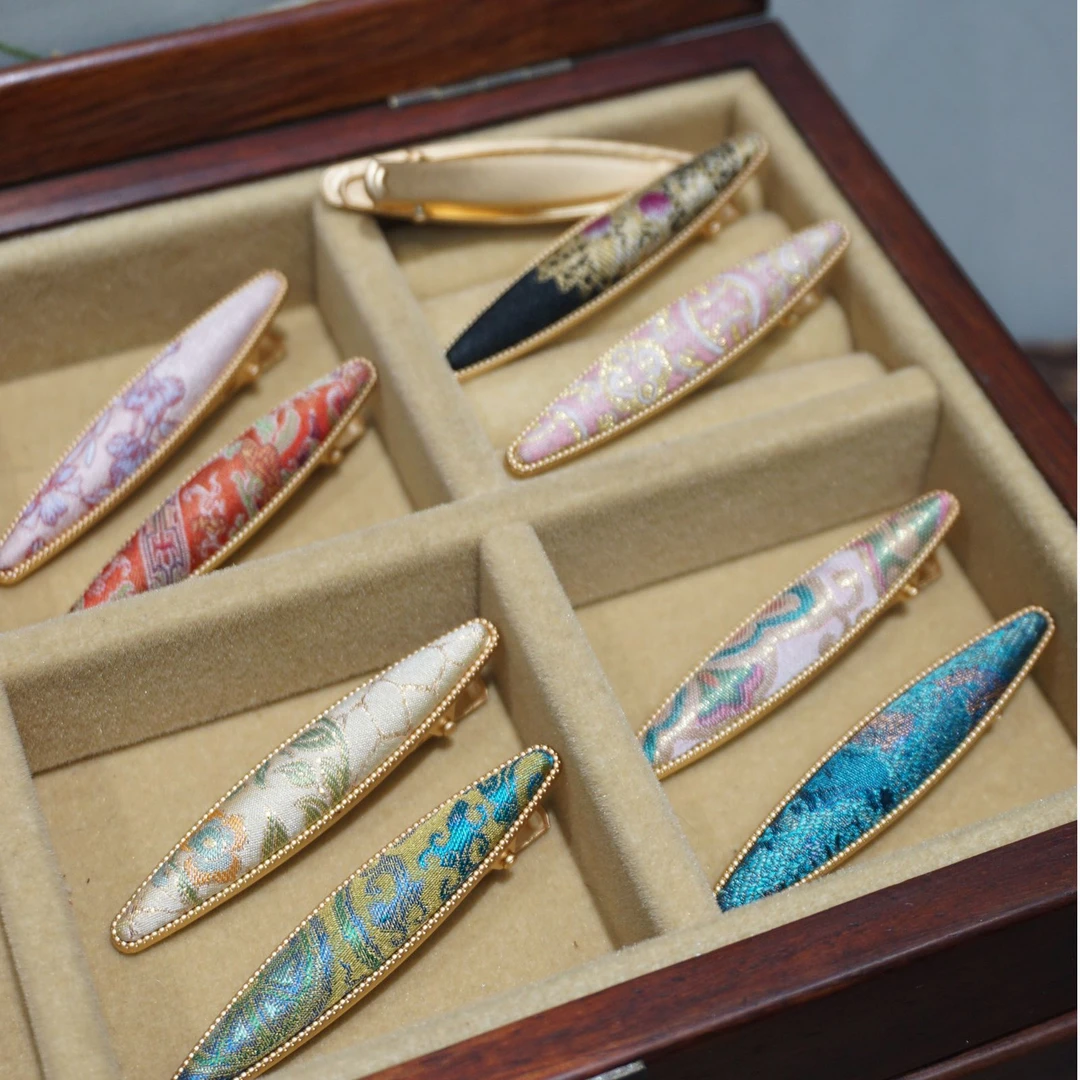 细柳叶边夹非遗蚕丝宋锦发夹弹簧夹手工布艺发卡复古新中式国风