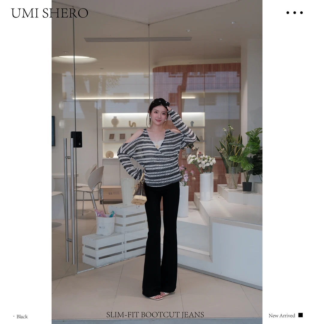 UMI SHERO 「不褪色黑色微喇」高定面料女设计感秋款四面弹牛仔裤