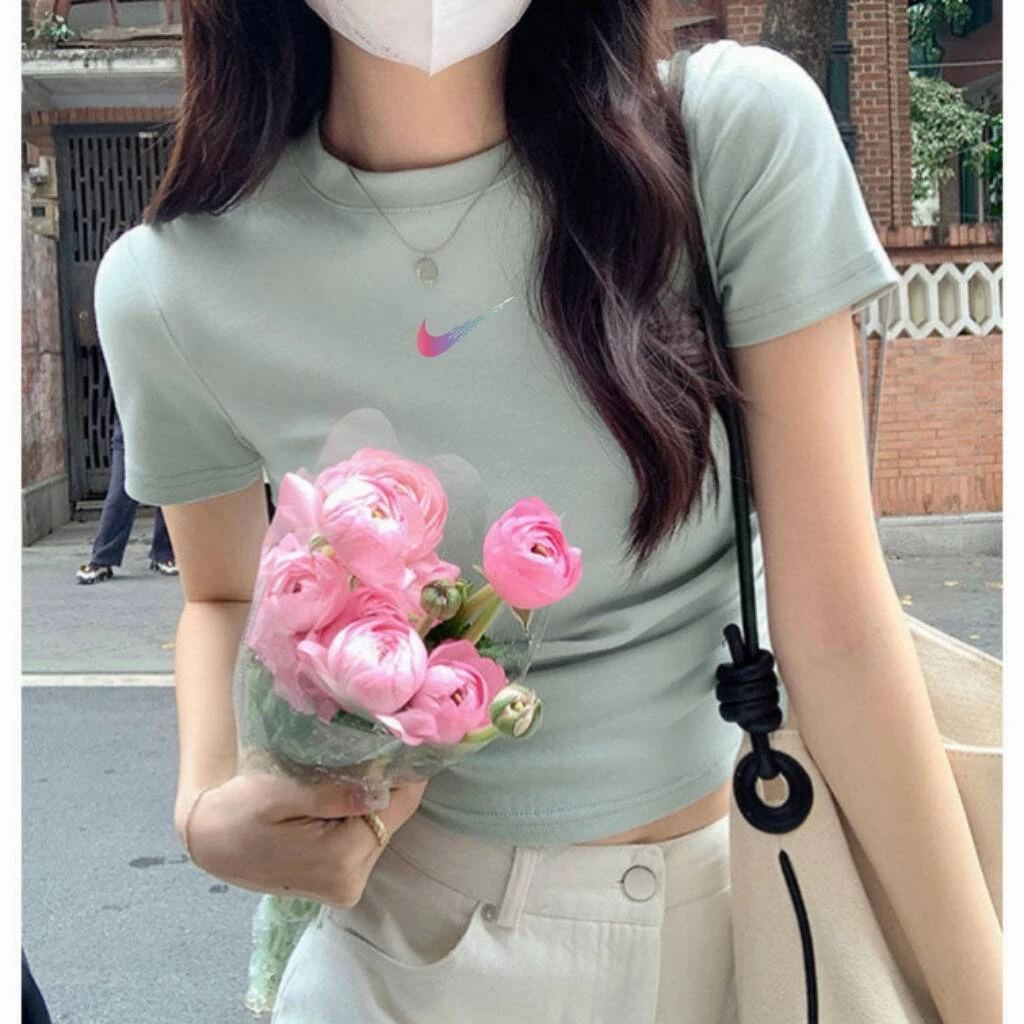 浅绿短袖t恤女夏装辣妹修身打底短款露脐小个子纯棉高腰百搭上衣