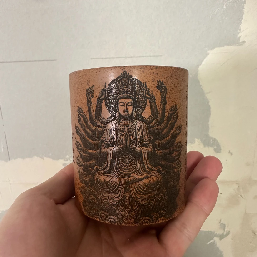 一品紫砂 土骨天星刻绘千手观音直筒杯