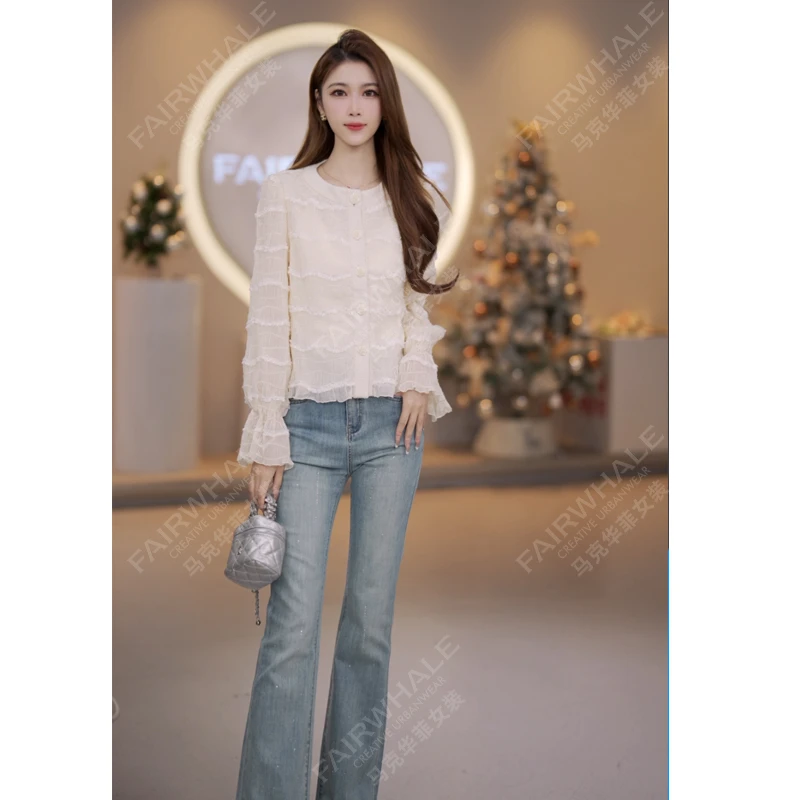 【赫拉港】马克华菲女装春季蕾丝上衣衬衫设计长袖气质显瘦百搭法式