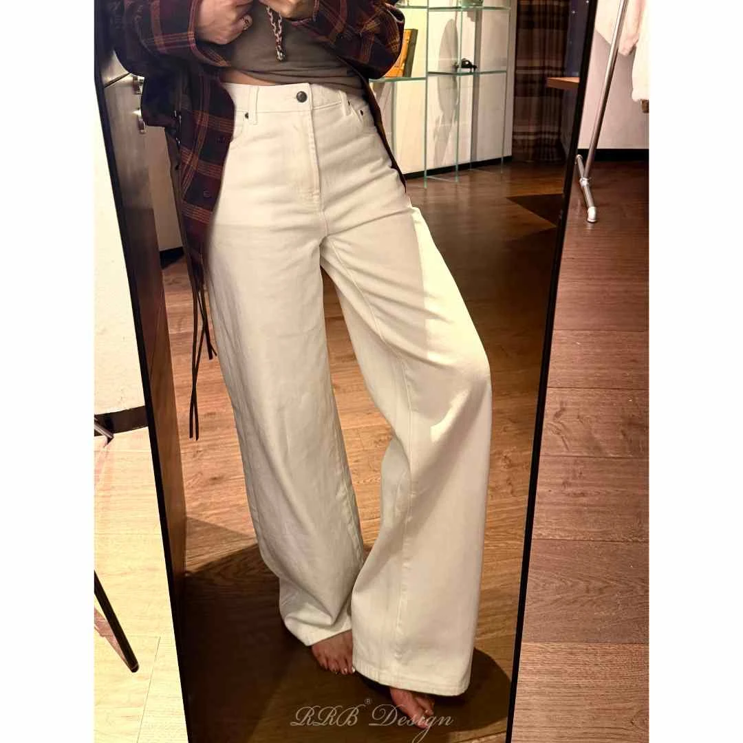 RRB Design 100%棉基础百搭秋冬厚实白色阔腿牛仔裤