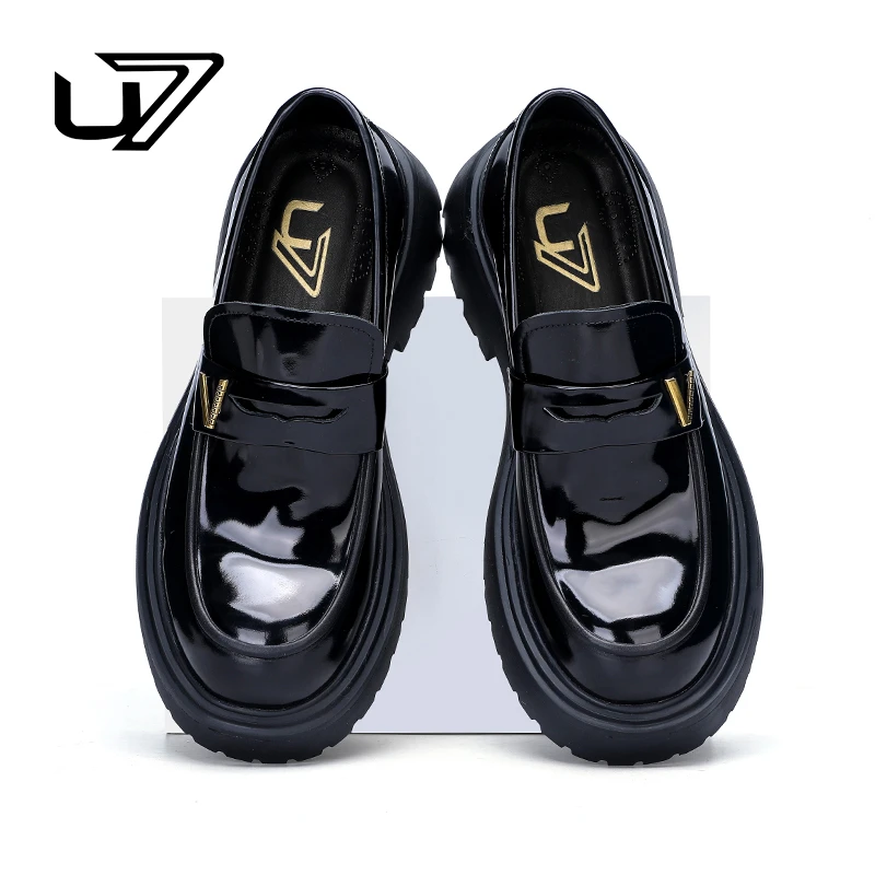 U7官方品牌男鞋增高商务鞋男士黑色真皮休闲鞋2025085-1