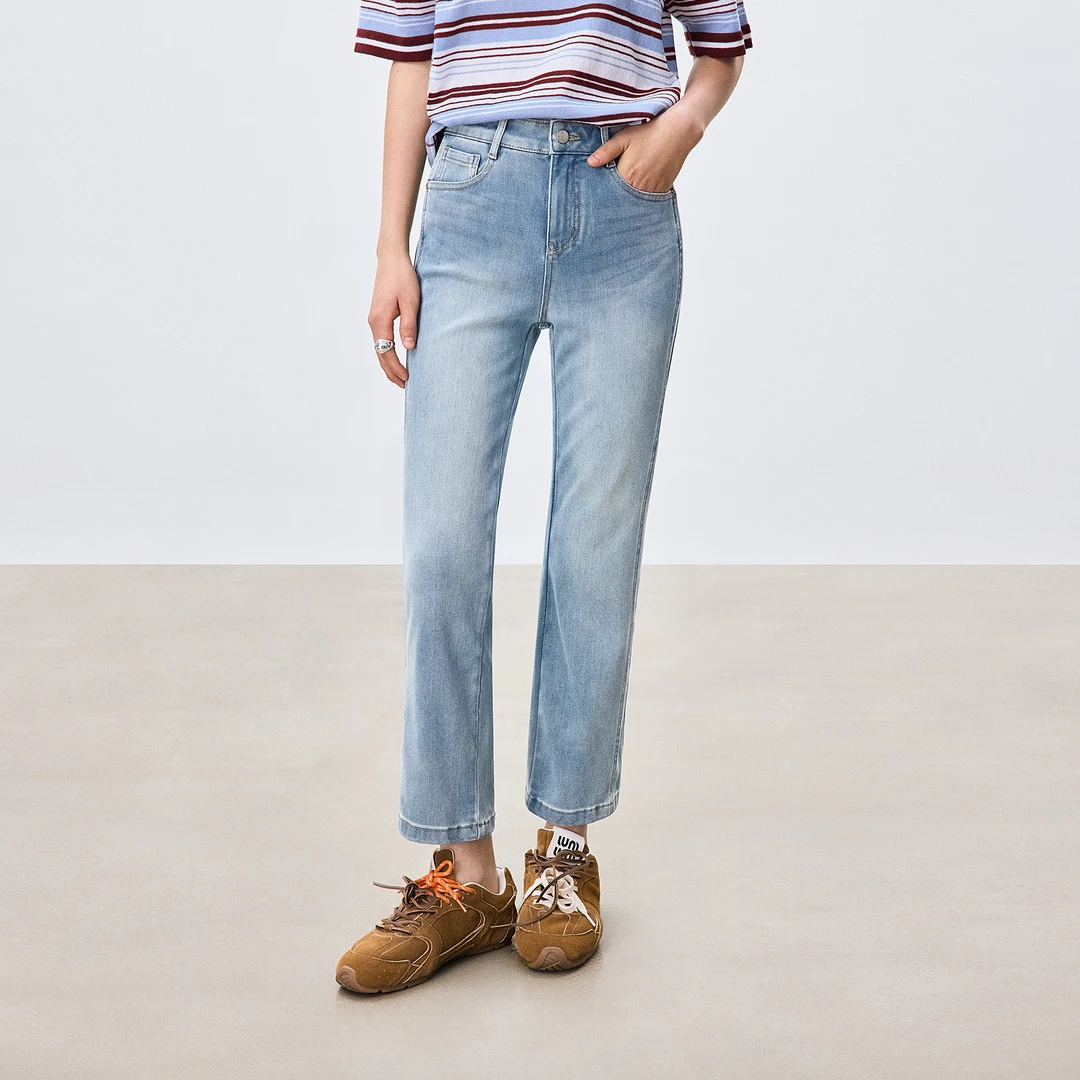 鲸乎25秋新款九分浅蓝色法棍牛仔裤女莱赛尔百搭弹力窄版直筒裤