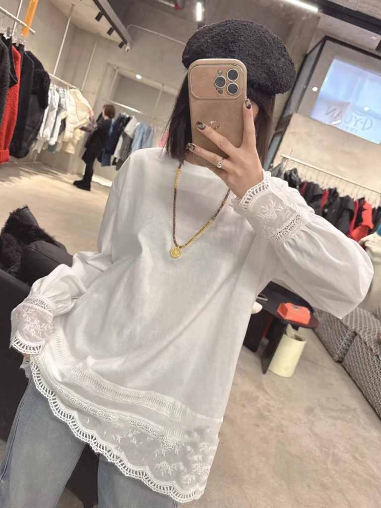 〔早春蕾丝拼接T〕欧洲站2025春季新款蕾丝拼接圆领长袖打底衫