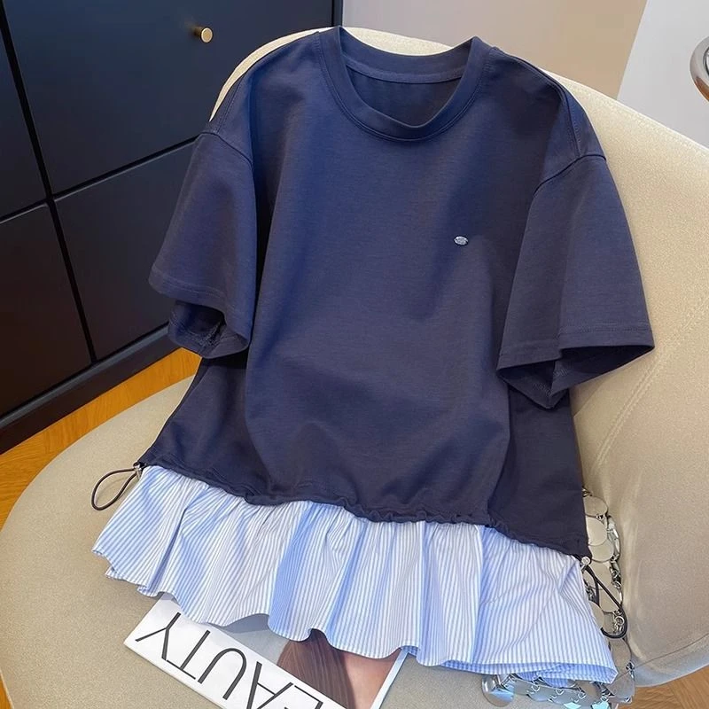 胖妹妹240斤大码设计感条纹下摆短袖t恤女夏季宽松休闲假两件上衣