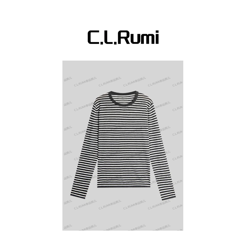 【Rumi时装】“雪糍”25早秋桑蚕丝羊绒条纹撞色宽松长袖上衣7059sy