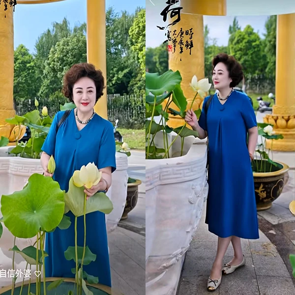 夏季新款宽松大码短袖纯色遮肚过膝高个子中长款妈妈装连衣裙109