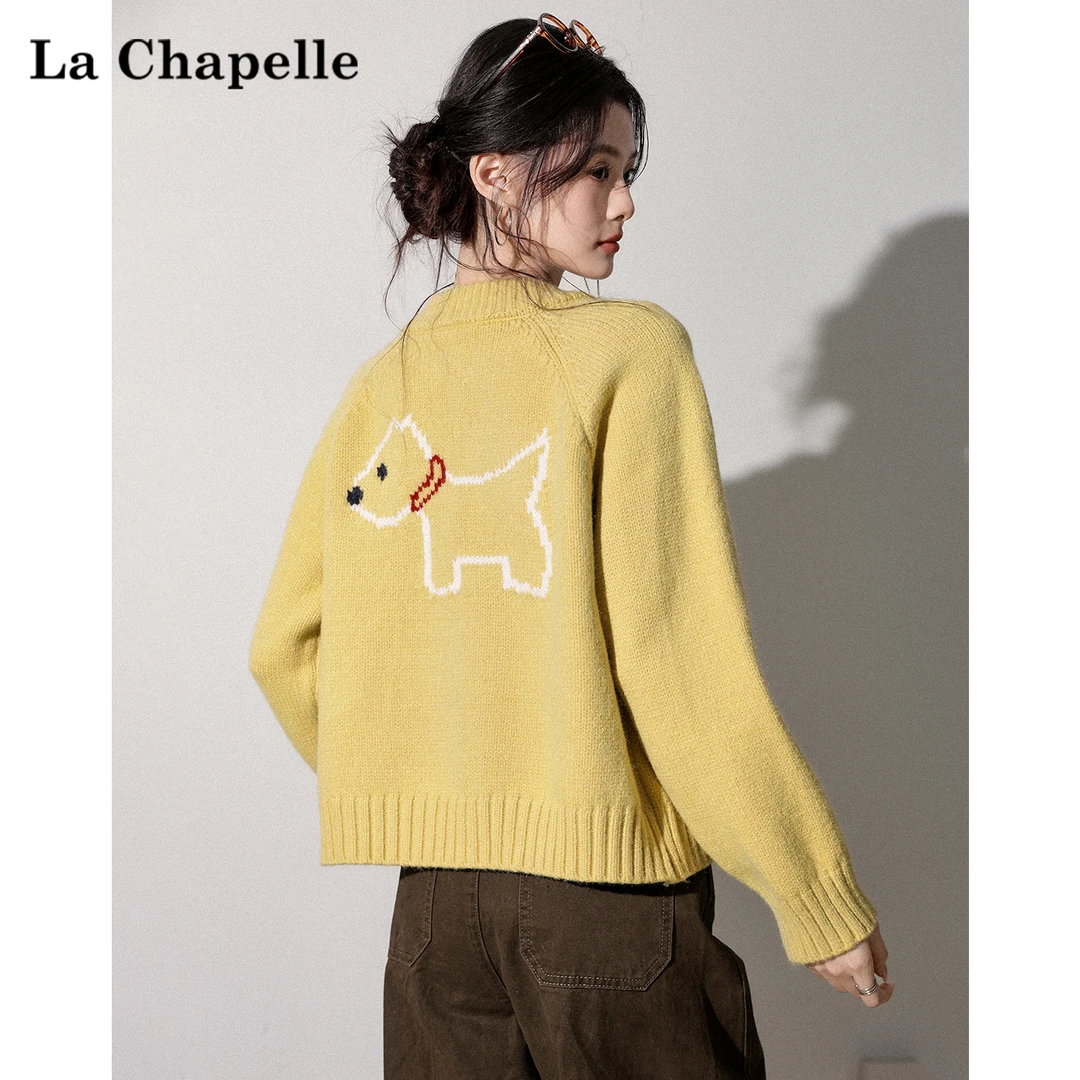 拉夏贝尔慵懒风小狗刺绣黄色毛衣外套女宽松加厚双拉链针织开衫冬