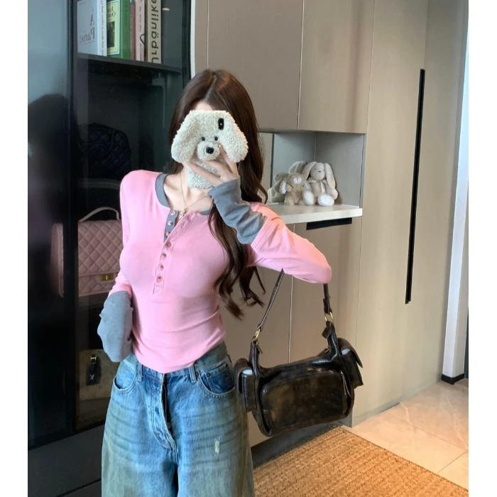 设计感假两件拼色长袖T恤女2025秋季新款修身显瘦百搭打底衫上衣