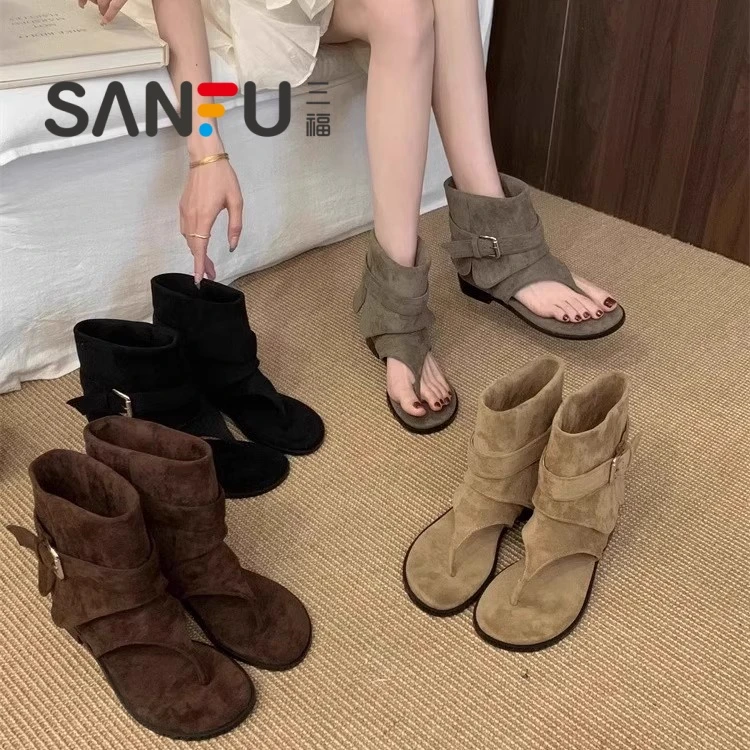 三福网红小众博主同款夹趾透气罗马鞋女休闲人字拖平底短筒靴凉靴