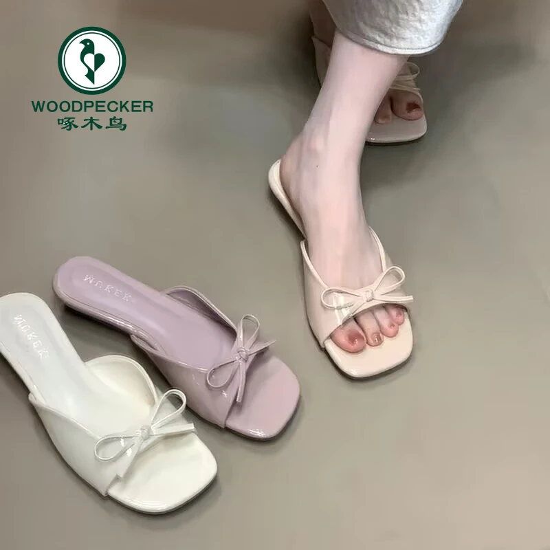 啄木鸟法式温柔蝴蝶结凉拖鞋女2025年夏季外穿露趾配裙子气质拖鞋