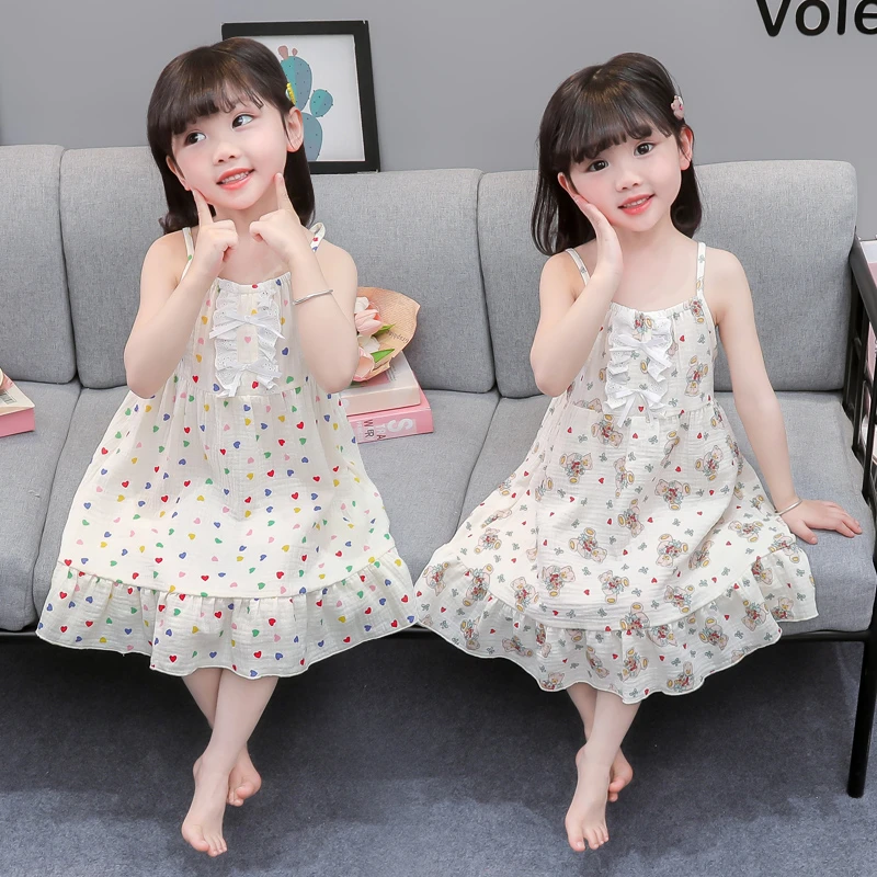 女童吊带睡裙夏季薄款全棉100％儿童吸汗空调服公主小女孩居家睡裙