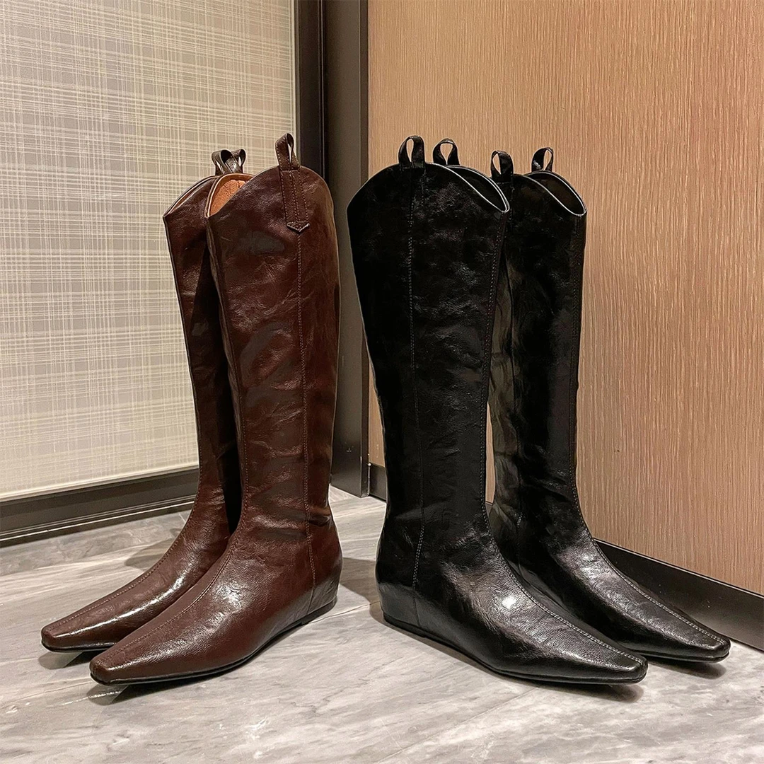 内增高不过膝骑士靴女长靴2025新款黑色西部靴方头平底V口高筒靴