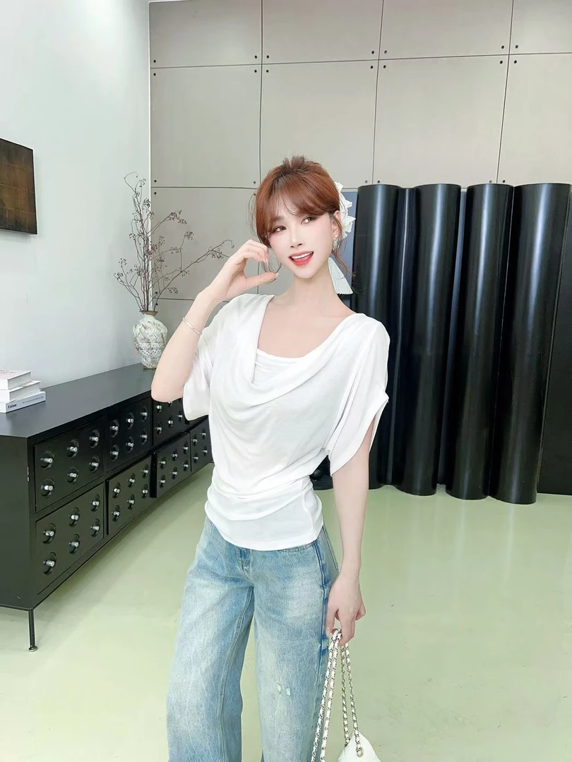 【洛岛白铃】 气质荡领设计感小众褶皱掐腰显瘦上衣