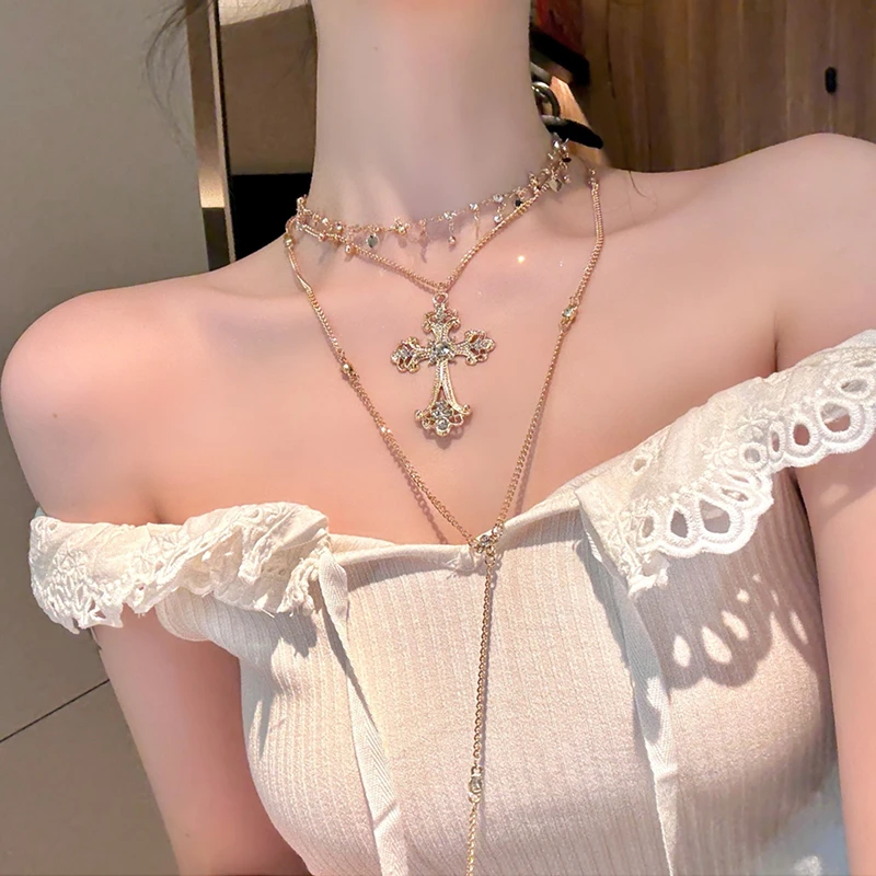 铜合金仿珍珠项链 巴洛克双层叠戴十字架项链女轻奢锁骨链颈链