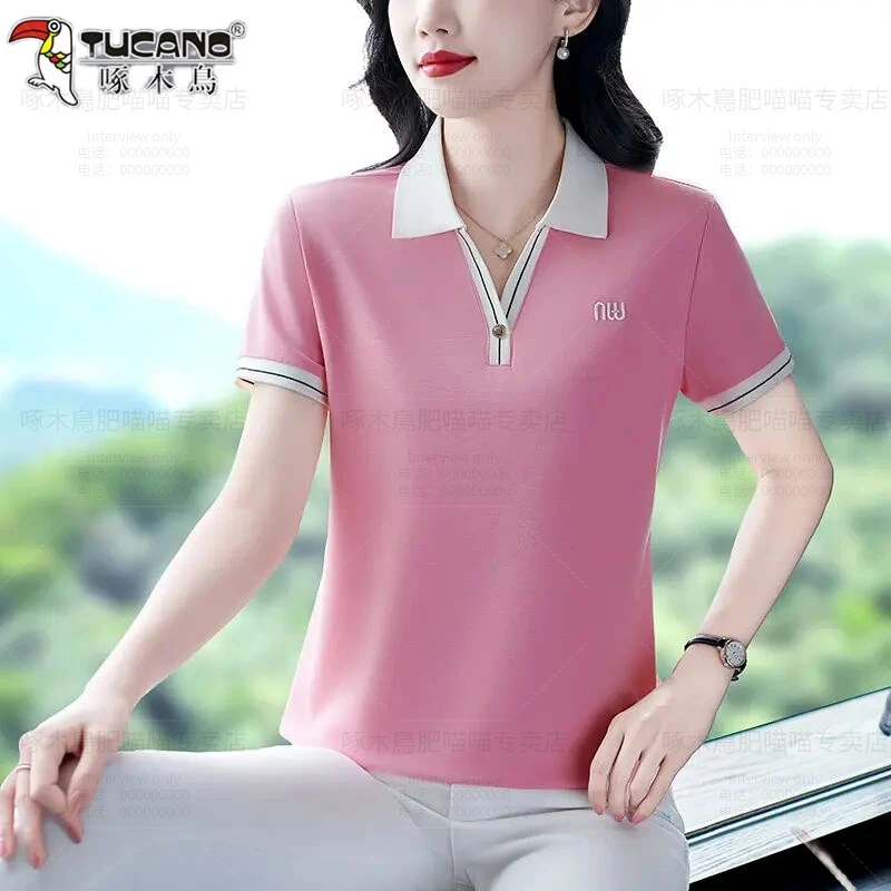 啄木鸟2025夏大码洋气半袖气质polo运动中年运动减龄显瘦休闲薄款