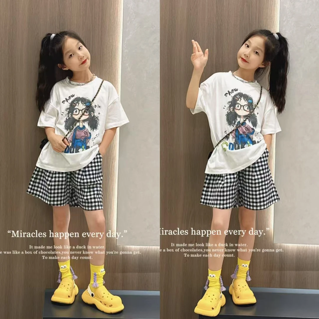 女童短裤套装2025夏季儿童洋气短袖T恤格子裤子中大童两件套网红