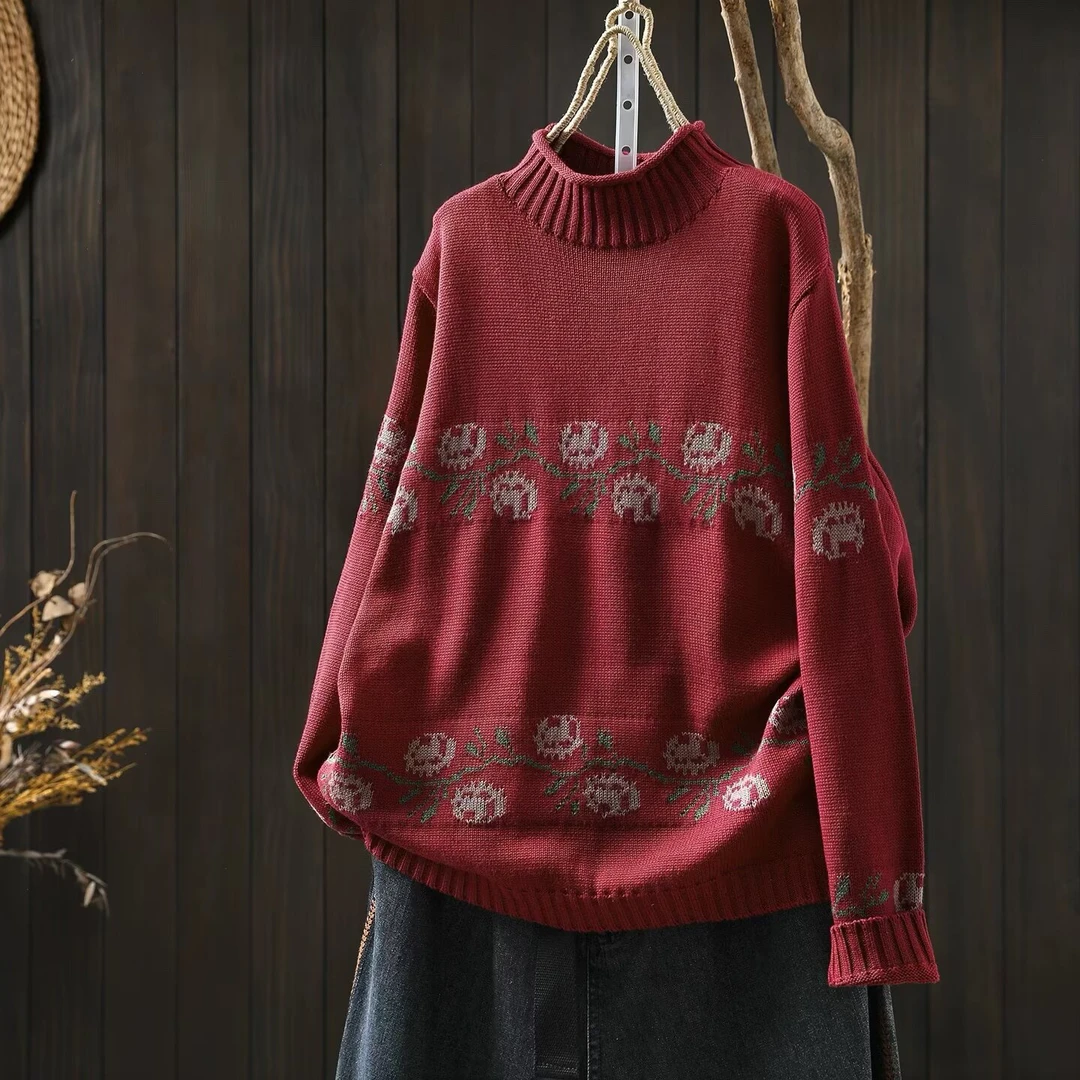 文艺2025休闲风毛针织衫秋冬打底衫民族风针织针织衫圆领长袖