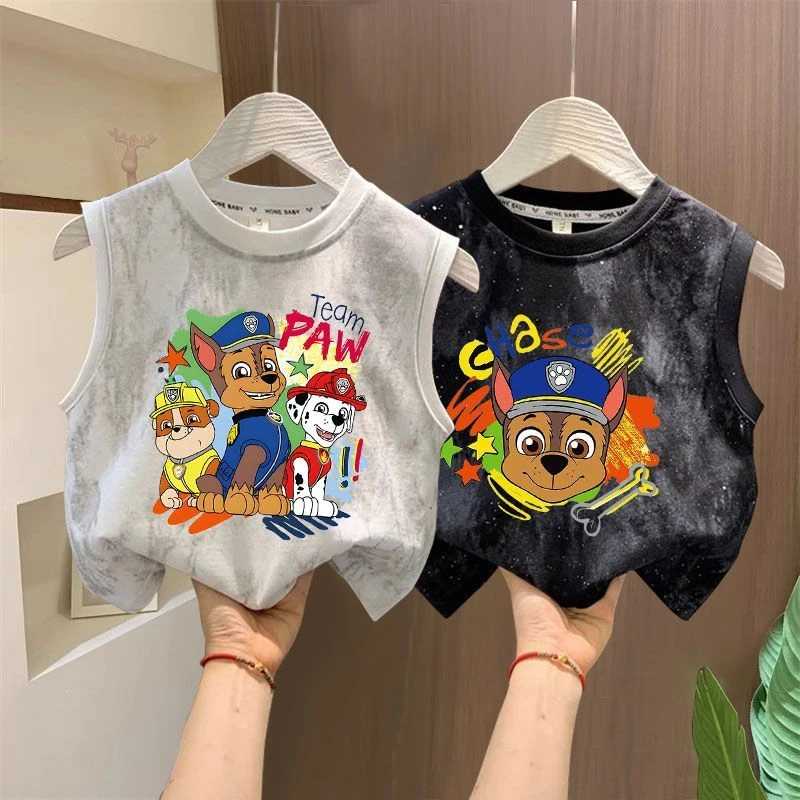 儿童夏季新款扎染无袖坎肩背心宝宝卡通汪汪队纯棉百搭帅气上衣潮