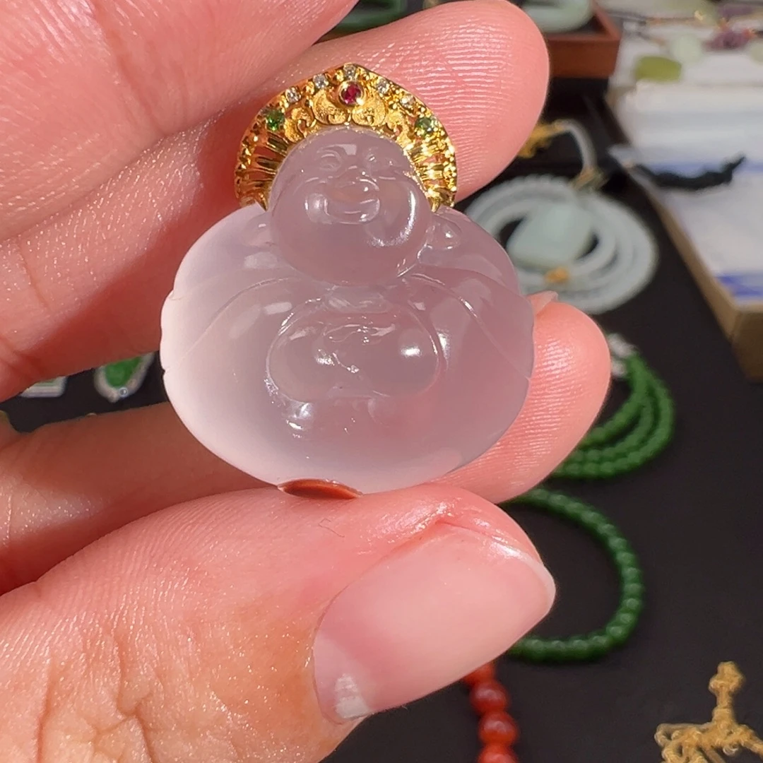 南红玛瑙18K金镶嵌颈饰原矿无注胶起荧光抱抱佛