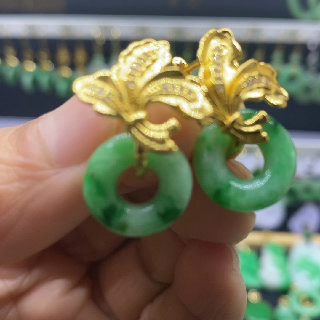 翡翠银S925镀金镶嵌耳饰耳饰