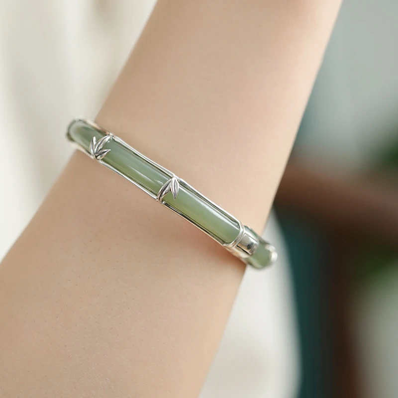 S10783<非晚>S925银复古和田玉青玉竹叶竹节开口手镯百搭 多样性