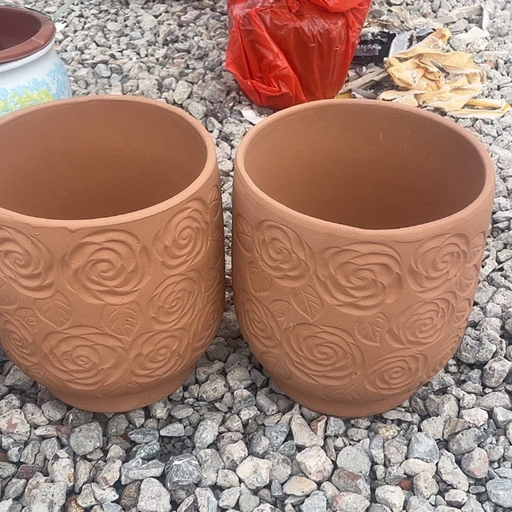 紫砂花盆口20高23两个红陶玫瑰微瑕