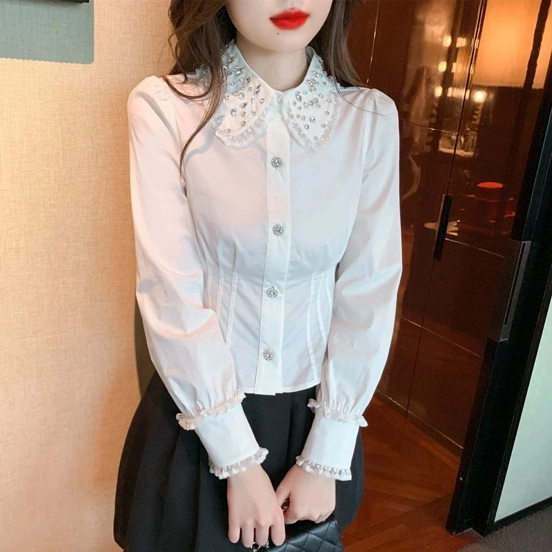 白色衬衫女春秋重工镶钻收腰显瘦长袖衬衣设计感小众修身外穿上衣