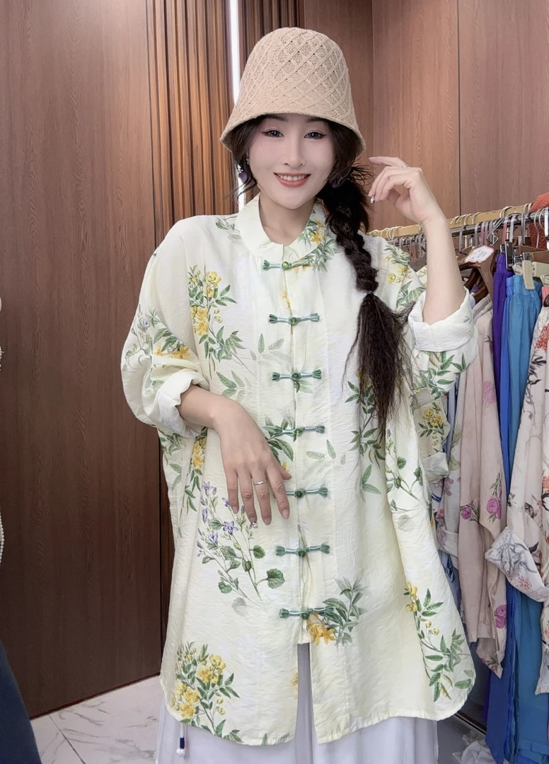 619国风盘扣衬衫立体印花气质立领防晒外套