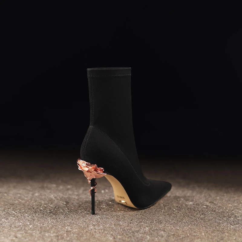 名媛风尖头短靴细跟弹力瘦瘦靴高级感气质女鞋秋冬季新款高跟鞋