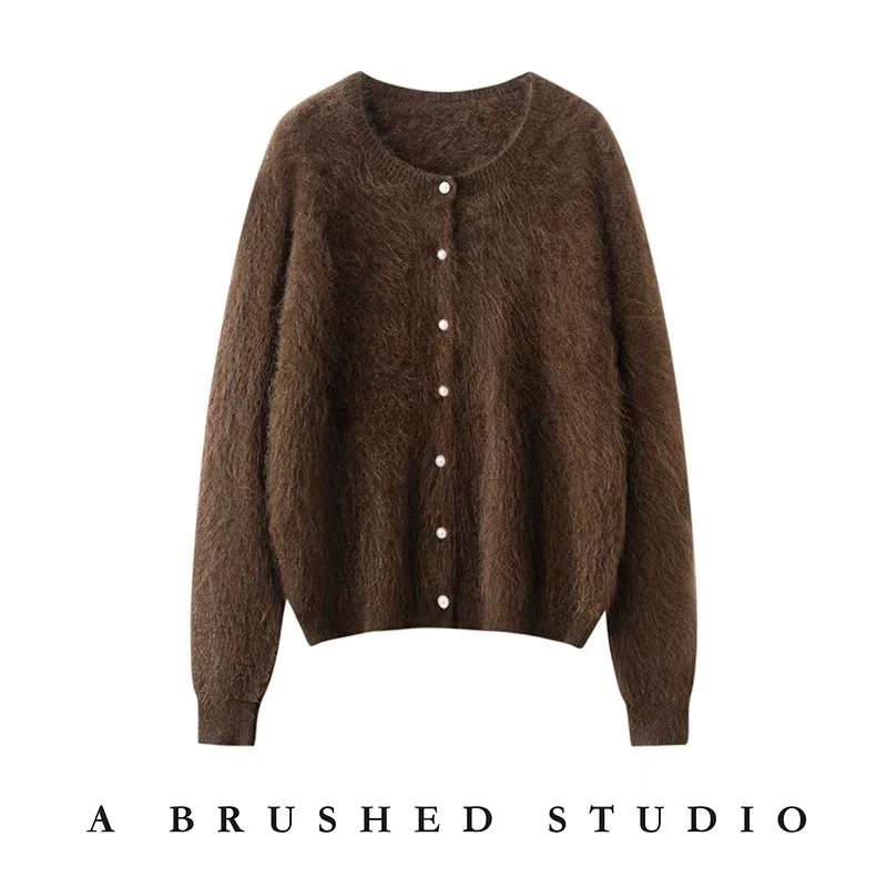 【老钱风】羊绒衫法式长袖拉绒山羊绒开衫圆领复古女珍珠扣