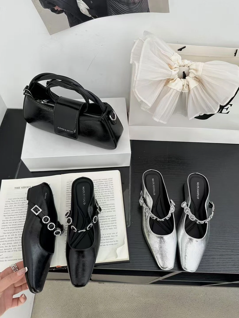 696-1法式方头一字水钻2025年春秋气质内增高浅口包头拖