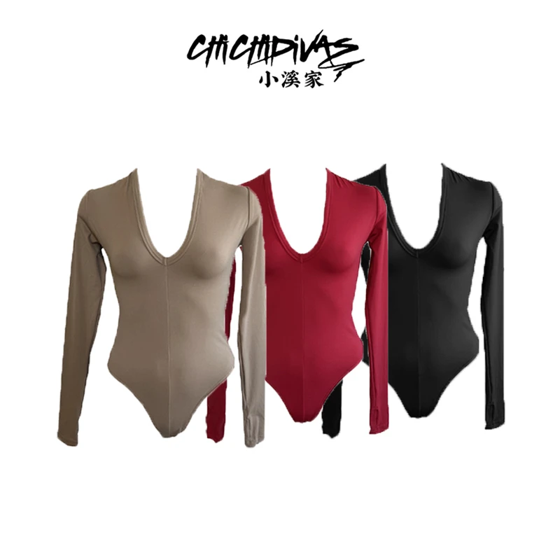 （小溪家）V领连体上衣弹力修身长袖纯色打底衫简约百搭辣妹气质T恤