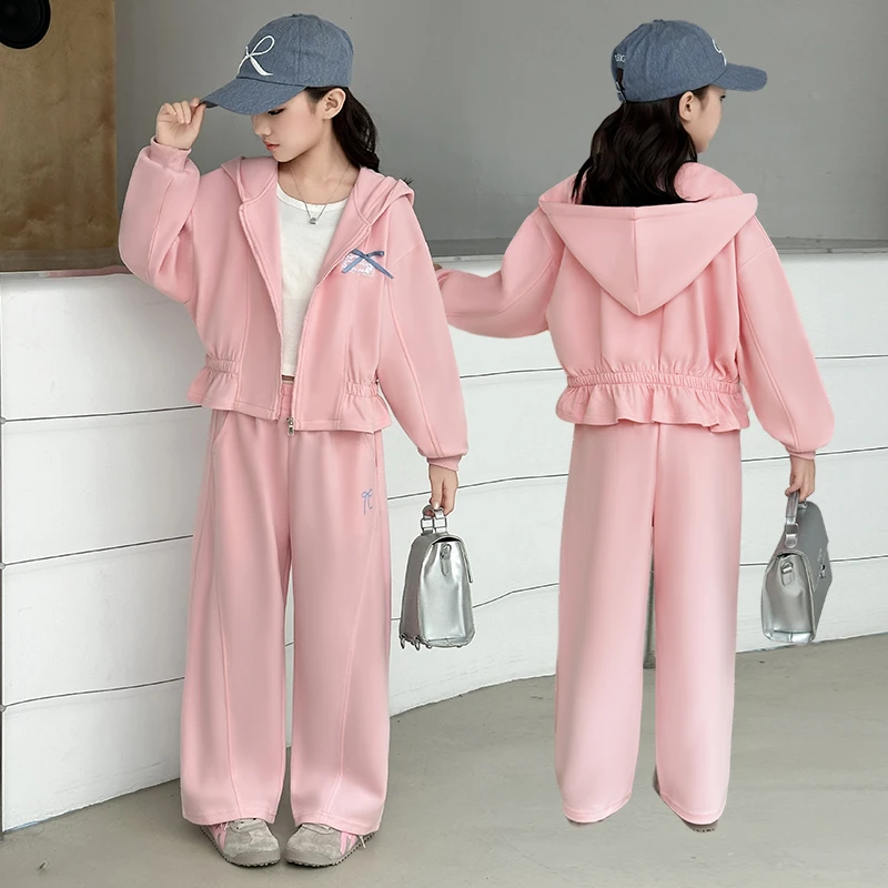 女童2025年秋季新款中大童洋气时尚休闲运动装连帽蝴蝶结收腰套装