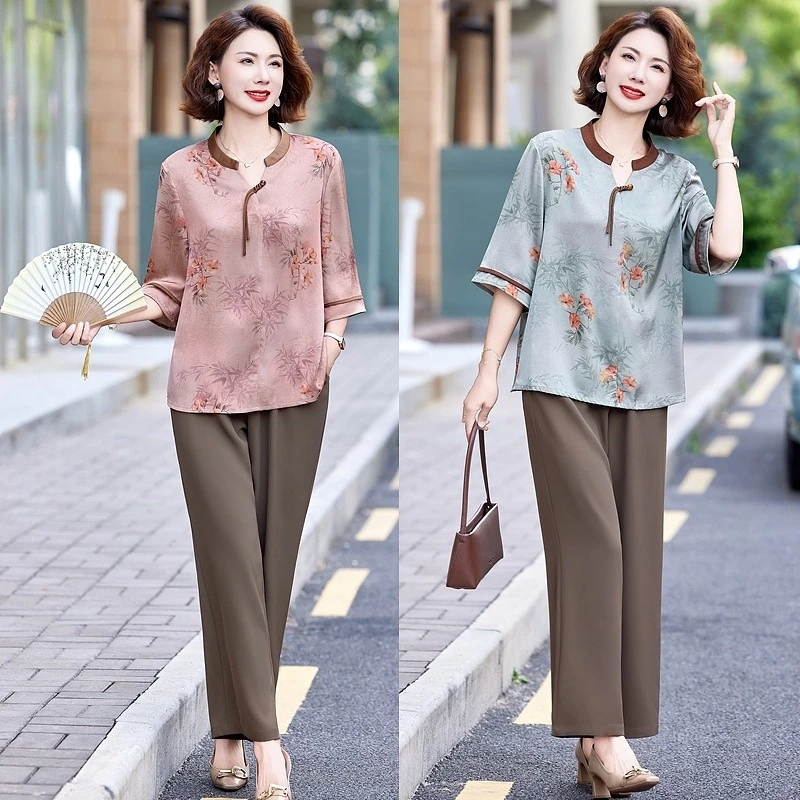 妈妈夏装套装2025新款小衫洋气中老年女装母亲节衣服时尚短袖上衣