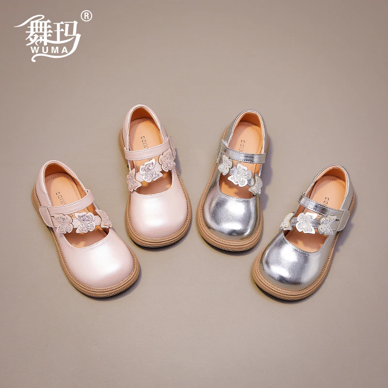 舞玛女童鞋子2025新款春夏季小女孩真皮软底蝴蝶小皮鞋518123