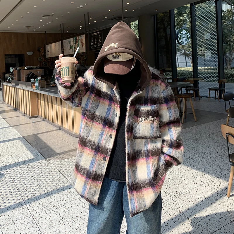 美式复古潮牌秋冬高级感小众长毛呢夹克宽松刺绣格子连帽外套男女