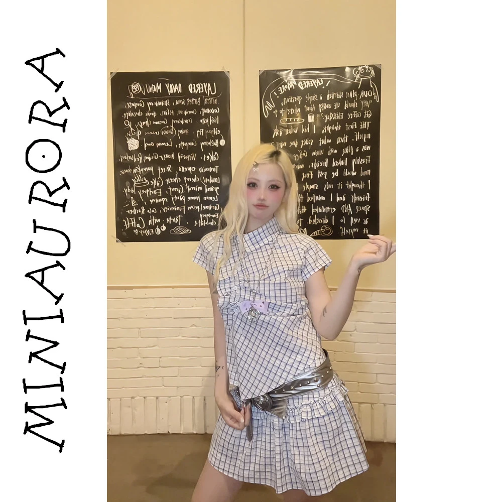 白色格子复古格纹套装女夏季显瘦 设计感捏褶花边短袖韩系通勤