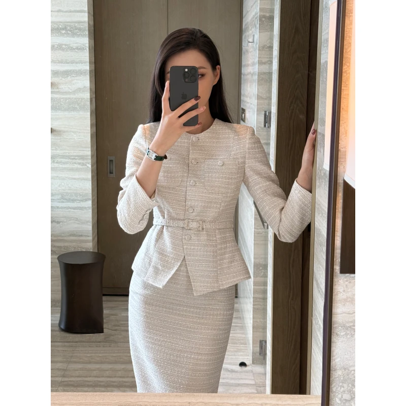 气质时尚套装裙米杏色西装正装女职业装半身裙两件套-3652