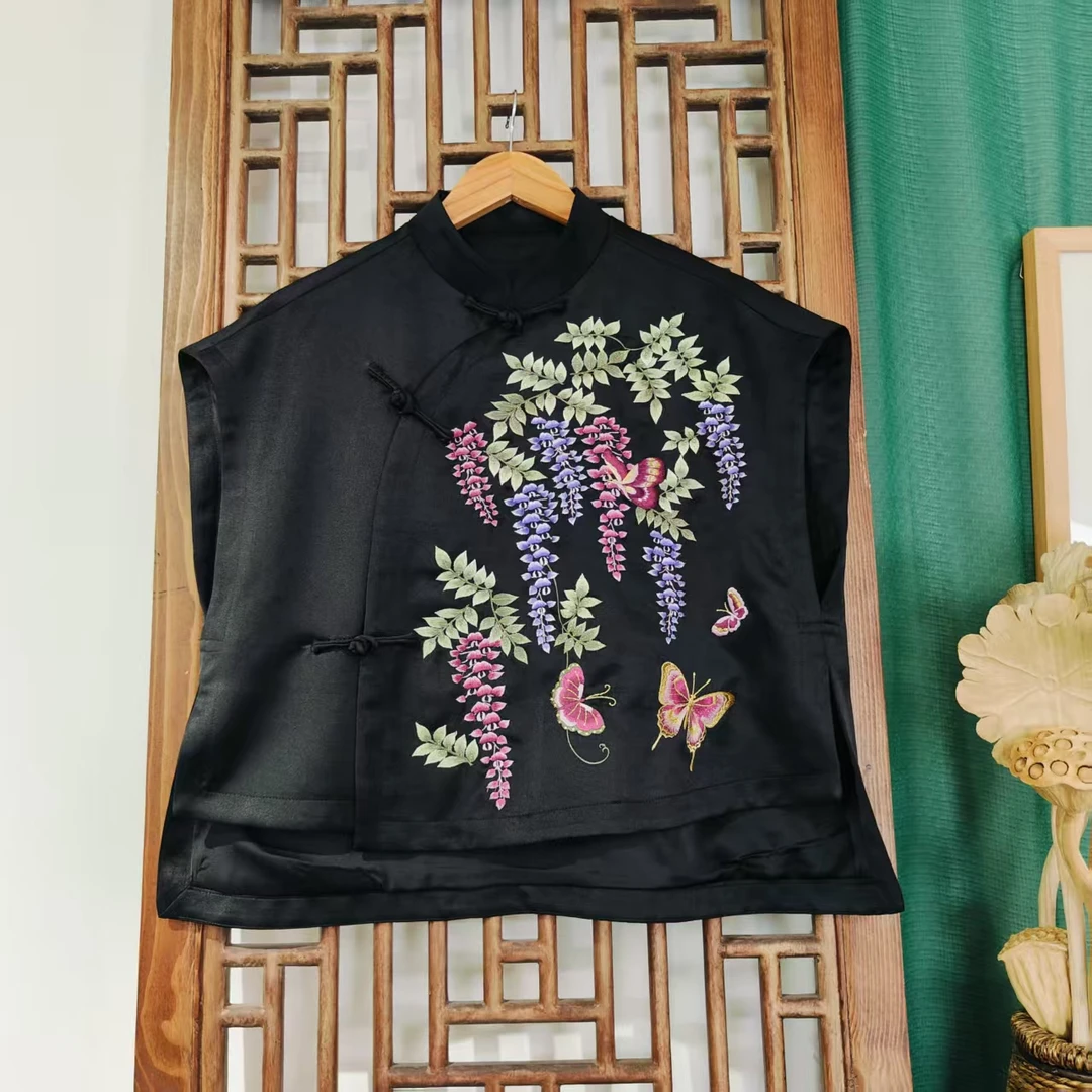 （LS597-33）凤徕兮私人定黑色光板底紫藤花刺绣斜襟盘扣无袖短上衣