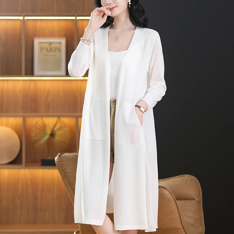 长款外搭冰丝防晒衣时尚气质纯色女装外套2025新款简约薄款针织衫