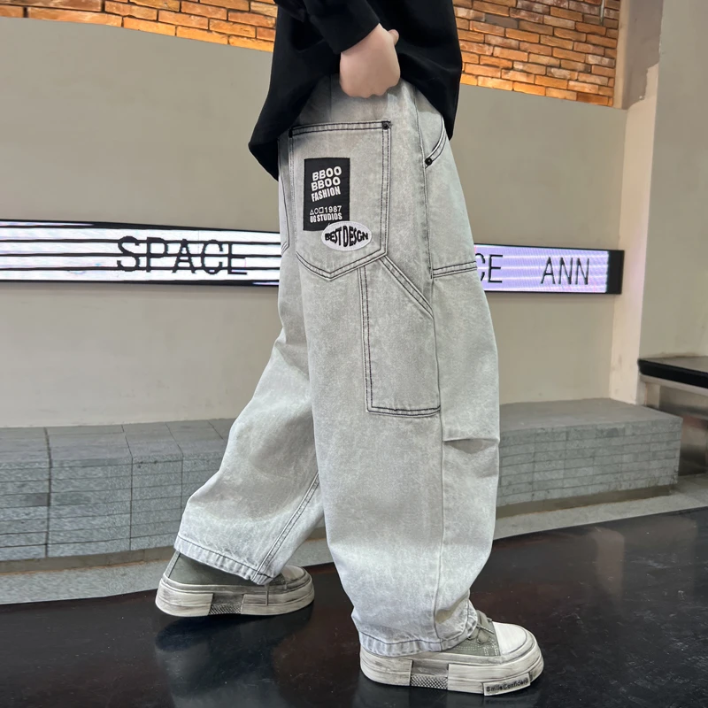 男童牛仔裤春秋款2025新款儿童休闲直筒长裤春季阔腿裤子男孩春装
