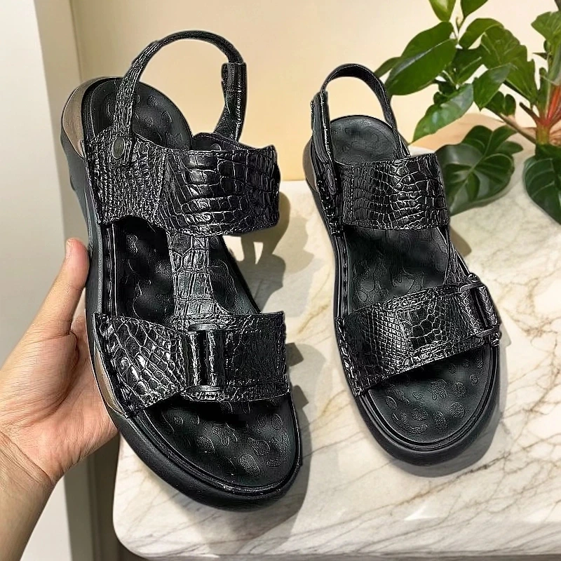 【夏季首选】暹罗鳄鱼皮凉鞋拖鞋两用款休闲露趾男士沙滩鞋真皮凉鞋