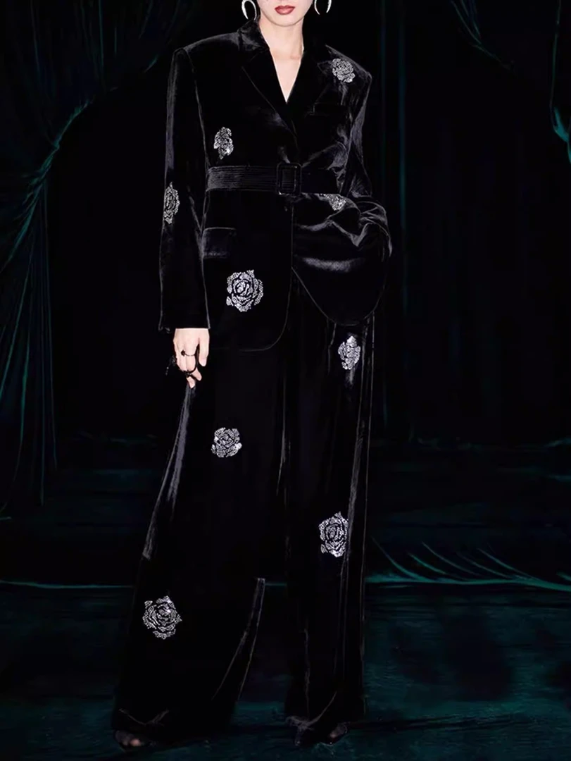 网红高端丝绒重工镶钻西装套装名媛时尚气质西装外套阔腿裤两件套