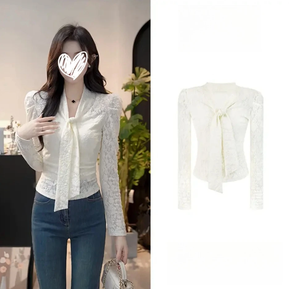 【蝶恋花溪】法式气质长袖蕾丝蝴蝶结衬衫上衣女 8204