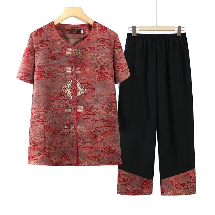 老年女装夏季衬衫新款奶奶装短袖60岁7080老人老太太衣服两件套