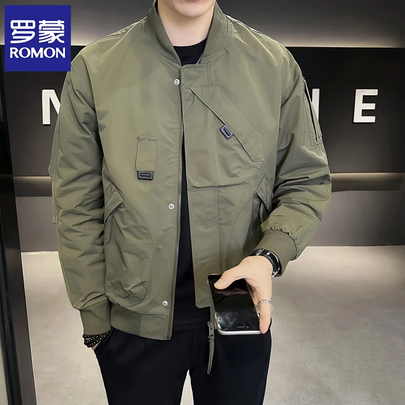 罗蒙爆款痞帅工装夹克男士外套2025秋季新款重工棒球领工装茄克衫
