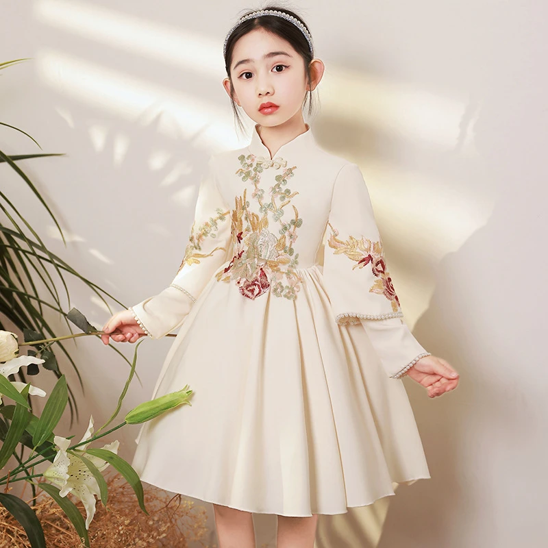 中式女童礼服公主裙秋季花童婚礼小女孩儿童主持人指挥钢琴演出服