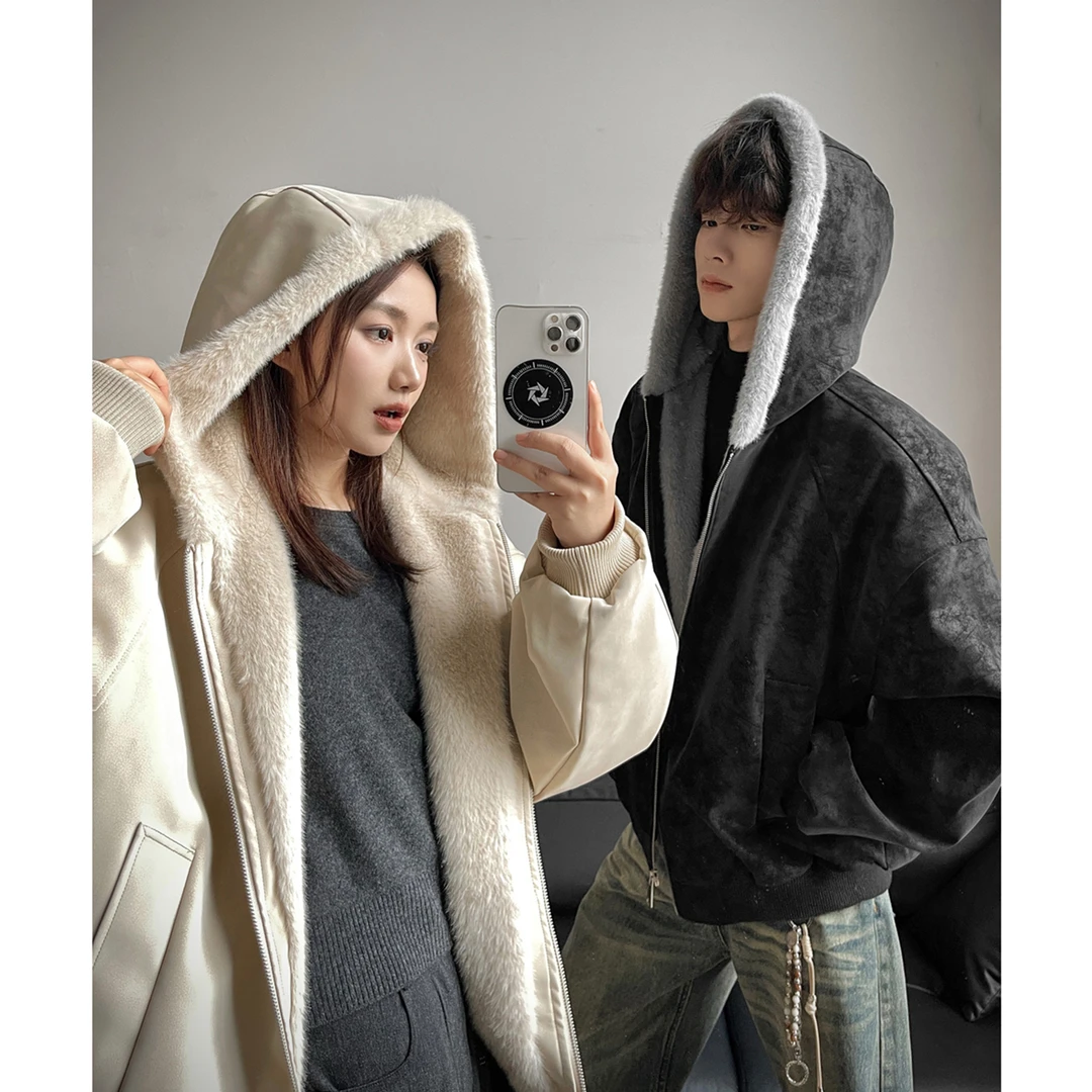 荔枝纹皮1500G连帽座山雕PU皮外套男女冬季加绒加厚皮衣毛领棉衣